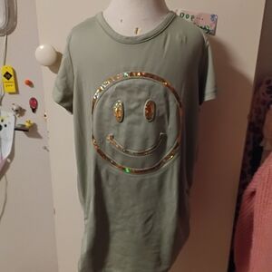 btween Sage Green Short Sleeve Tee with Gold Sequin Smile